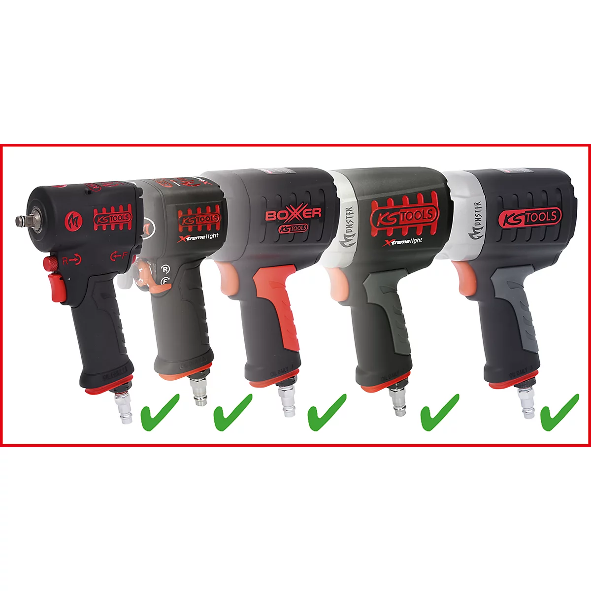 Fünf schwarze Druckluftschrauber mit roten und grauen Akzenten, nebeneinander, mit grünen Häkchen.